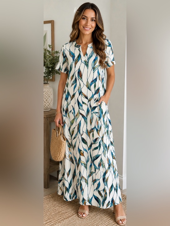 None Dresses & Skirts - Stained Glass Leaf Print Maxi Dress L Pockets Coastal Boho Vacation